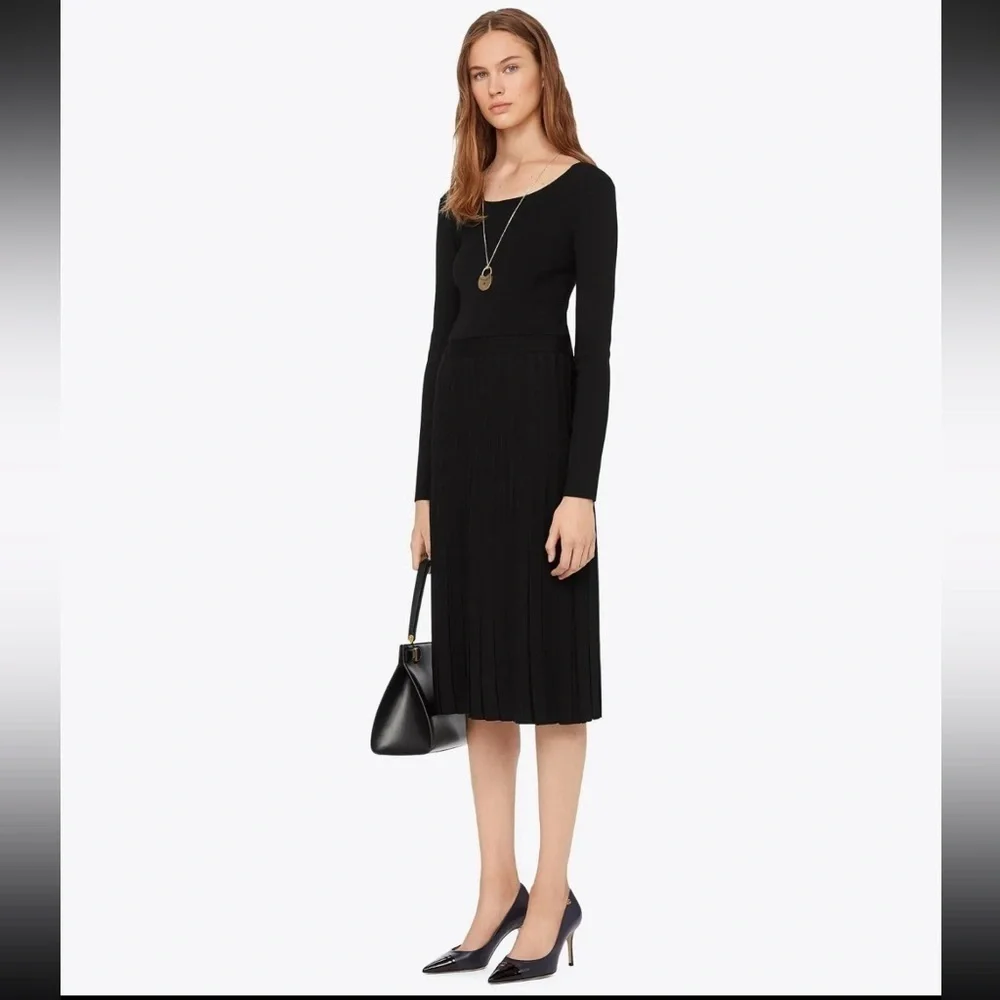 TORY BURCH Florence Dress Black Knit Softly Pleated Midi Bateau Neck